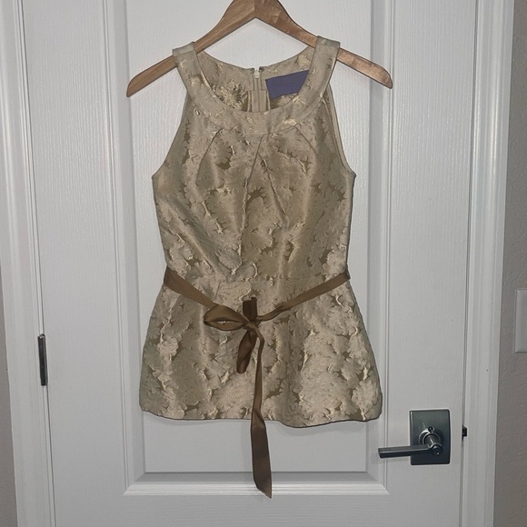 Vera Wang Lavender Label Ivory Cream Gold Metallic Sleeveless Peplum Blouse Bow - Picture 2 of 8
